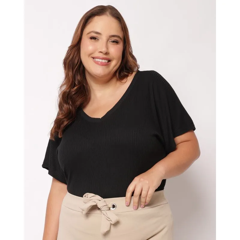 Blusa Plus Size Feminina Canelada Decote V Manga Curta Preta G1
