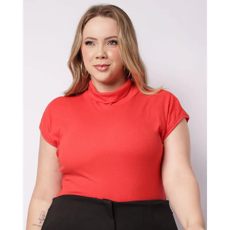 Blusa Plus Size Feminina Canelada Gola Alta Laranja G1
