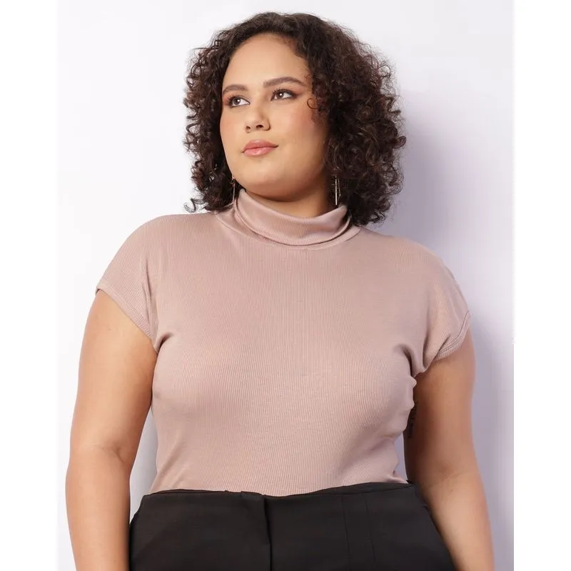Blusa Plus Size Feminina Canelada Gola Alta Bege G2