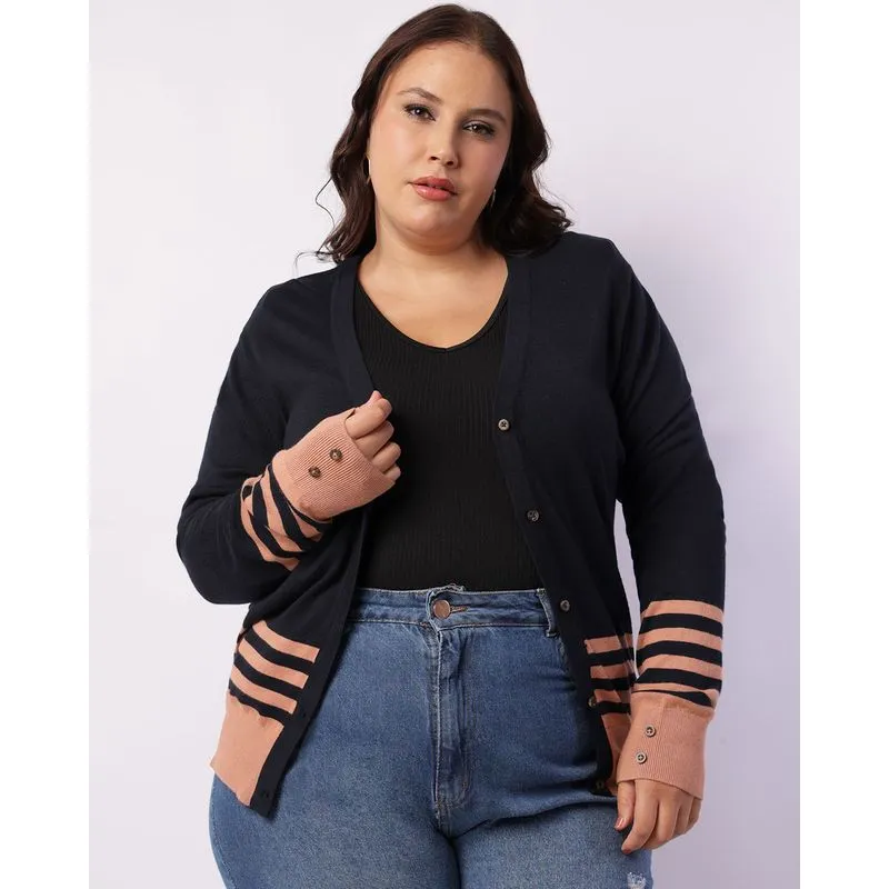 Cardigan Plus Size Feminino Tricô com Botões Bege G3