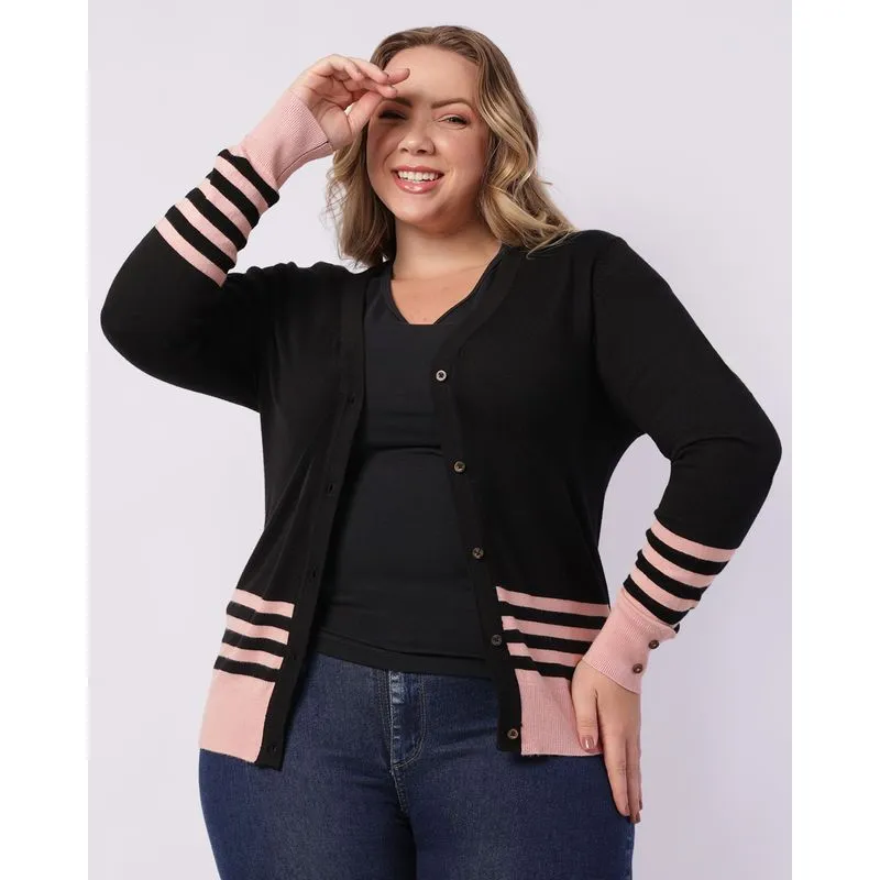 Cardigan Plus Size Feminino Tricô Decote V com Botões Manga Longa Rosa G2