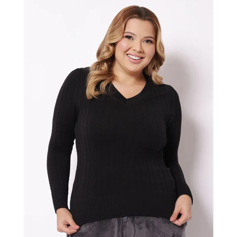 Blusa Plus Size Feminina Sem Costura Manga Longa Preta G1