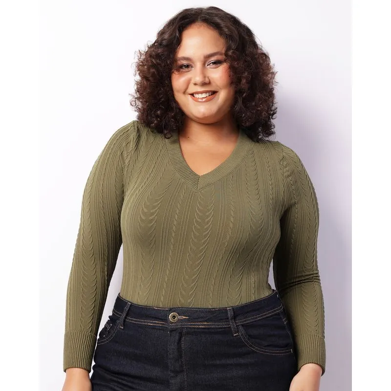 Blusa Plus Size Feminina Manga Longa Sem Costura Verde G2