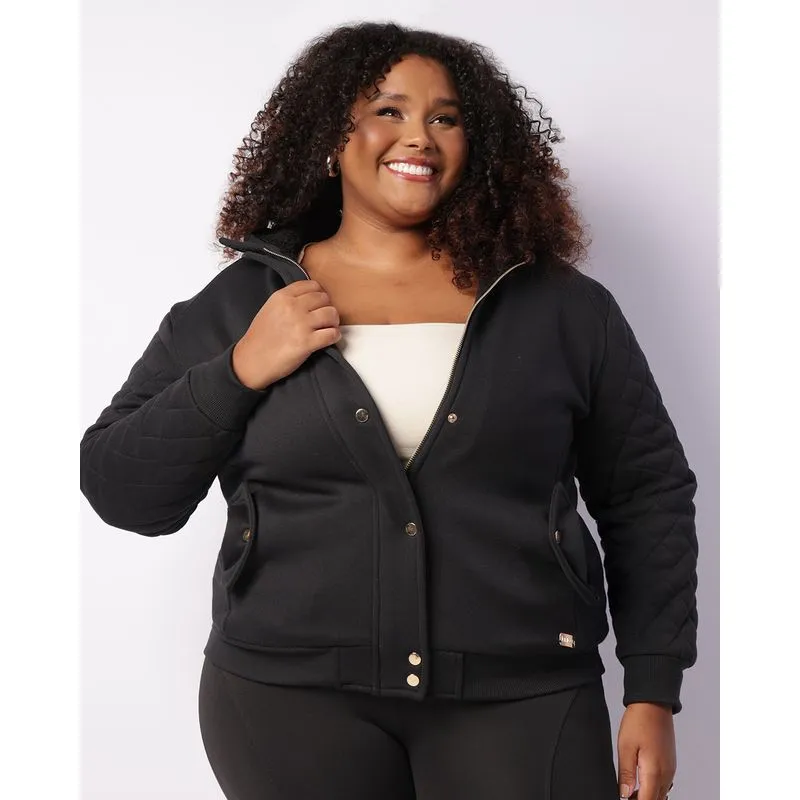 Jaqueta Moletom Plus Size Feminina Com Capuz Preta G2