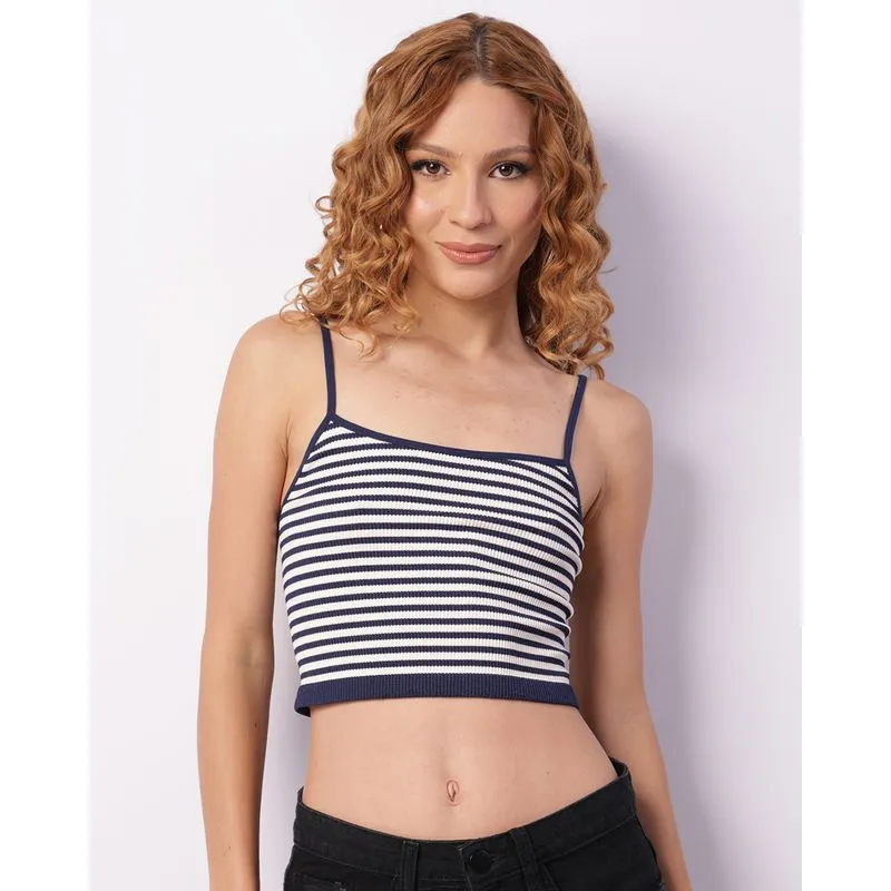 Blusa Feminina Cropped Alcinha Canelada Listrada Marinho GG