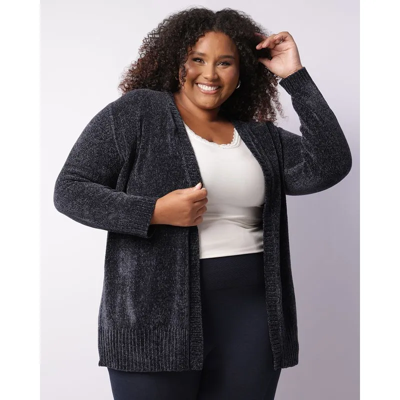 Cardigan Plus Size Feminino Chenille Mescla Marinho G1