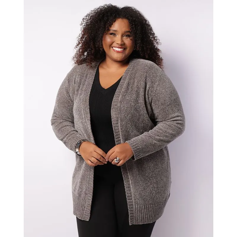 Cardigan Plus Size Feminino Chenille Cinza G3