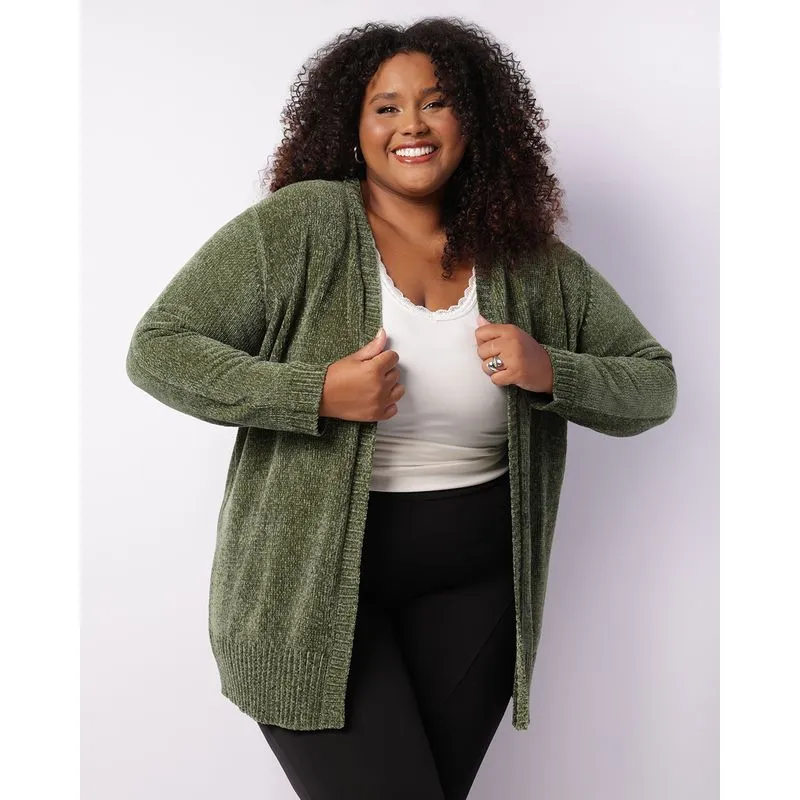 Cardigan Plus Size Feminino Chenille Verde G1