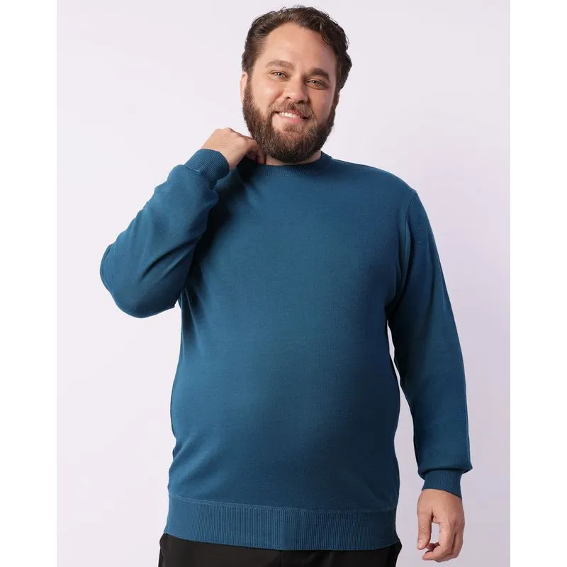 Suéter Plus Size Masculino Tricô Manga Longa Azul G1