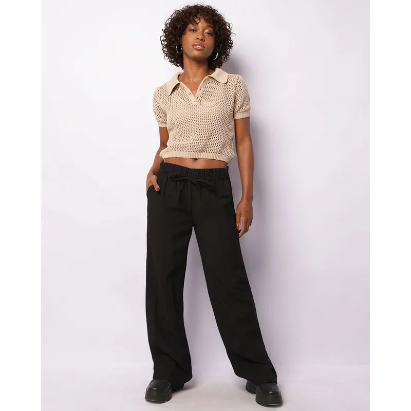 Calça Feminina Pantalona Viscose Recortes Cordão Preta 46