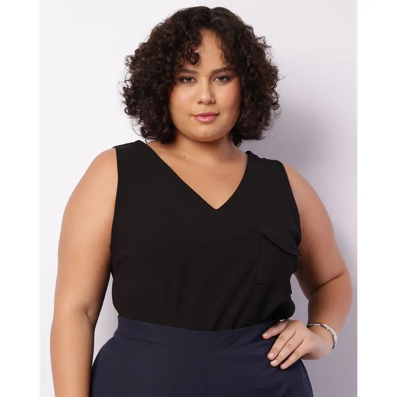 Regata Plus Size Feminina Viscose Com Bolso Preta G3
