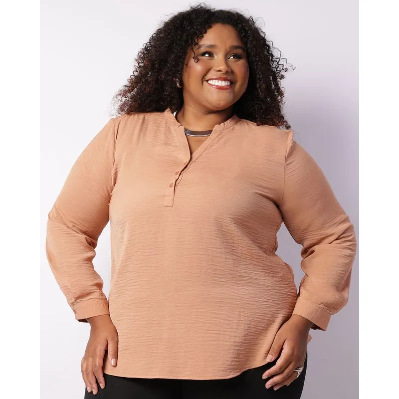 Camisa Feminina Plus Size Airflow Gola Padre Bege G3