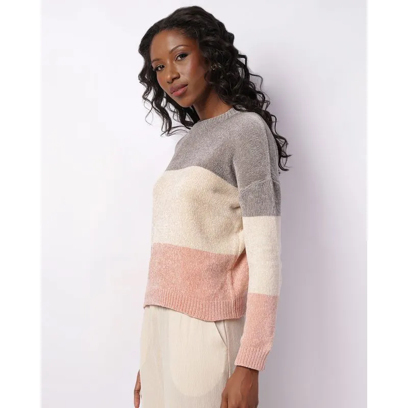 Suéter Feminino Chenille Listrado Cinza GG