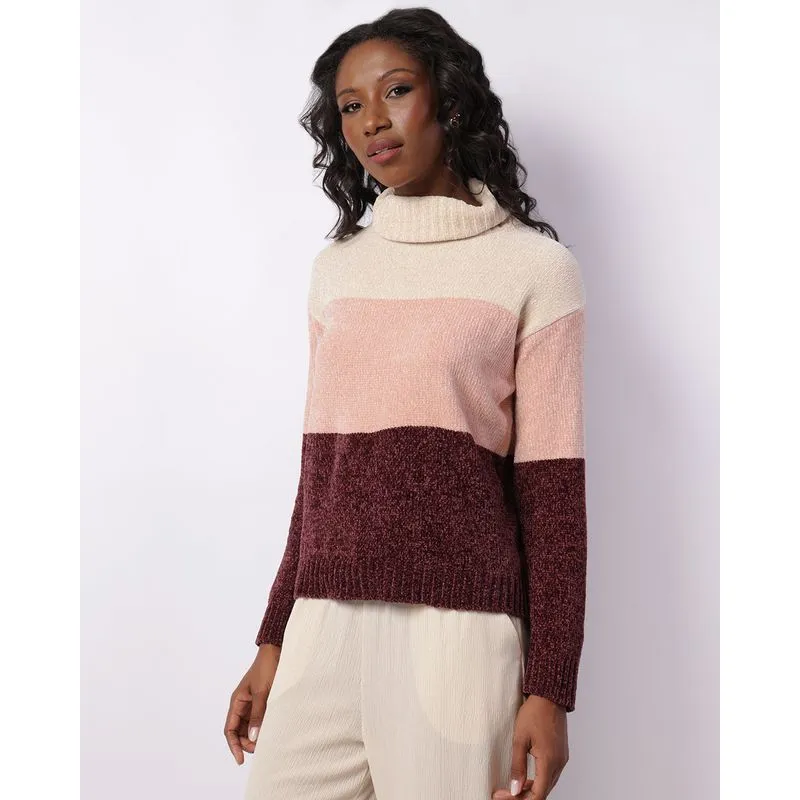 Suéter Feminino Chenille Gola Alta Listrado Bege GG