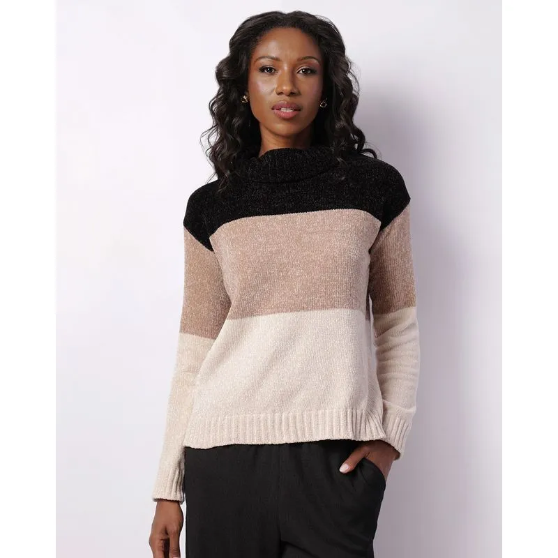 Suéter Feminino Chenille Listrado Preto G