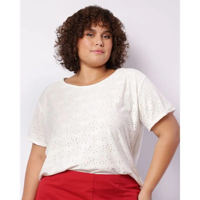 Blusa Plus Size Feminina Manga Curta Laise Off White G1