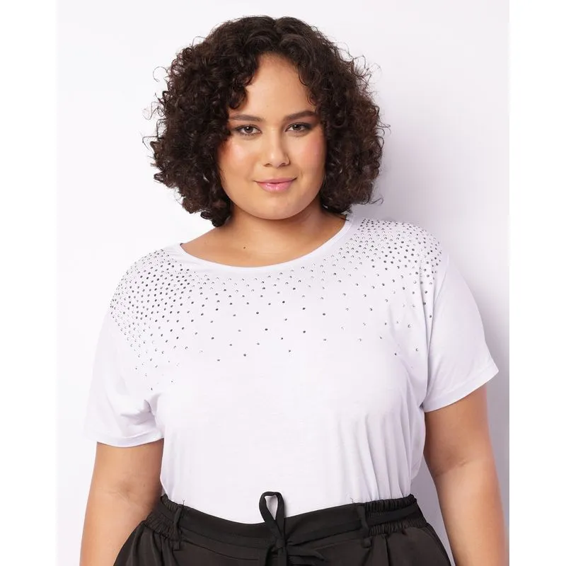 Blusa Plus Size Feminina Manga Curta Aplicação Strass Branca G2