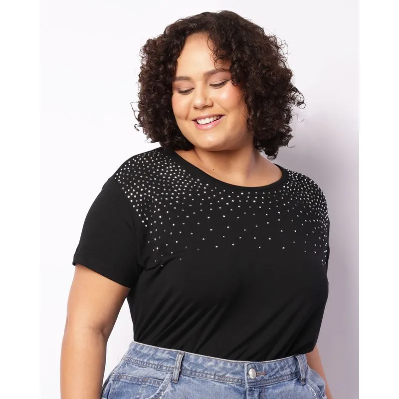 Blusa Plus Size Feminina Manga Curta Aplicação Strass Preta G3