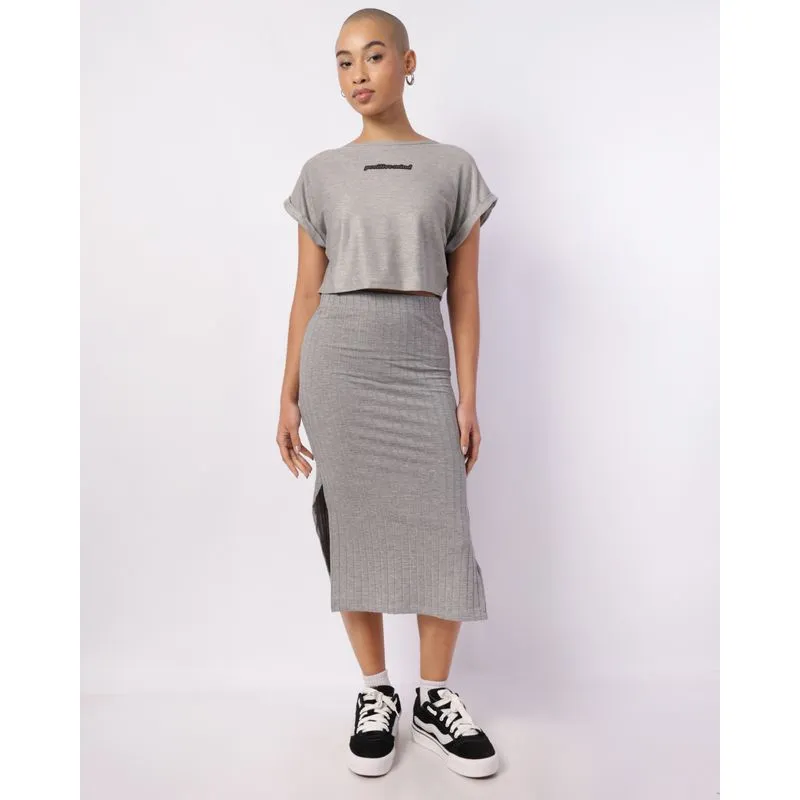 Saia Feminina Midi Canelada com Fenda Cinza M