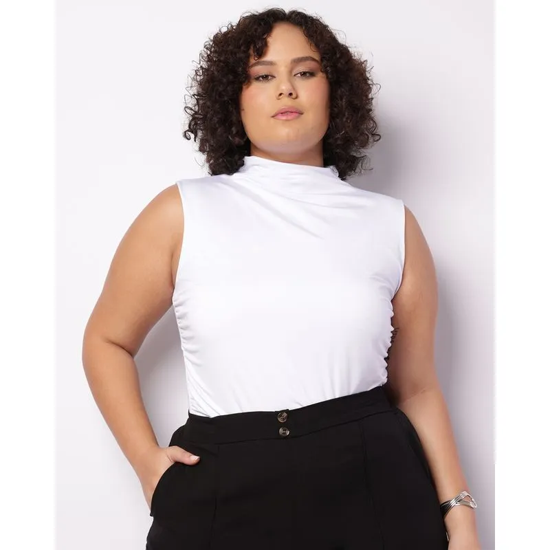Regata Plus Size Feminina Gola Alta Franzido Lateral Branca G2