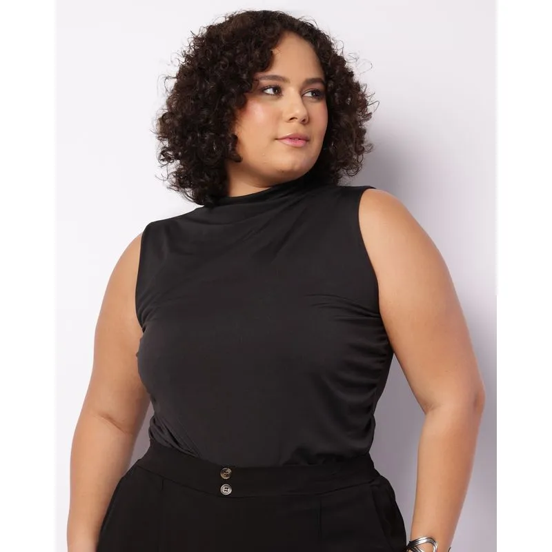 Regata Plus Size Feminina Gola Alta Franzido Lateral Preta G2