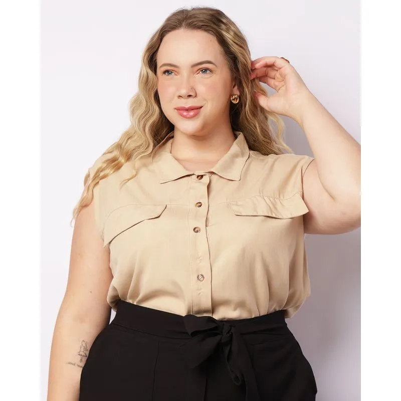 Camisa Plus Size Feminina Viscose Cropped Bege G1