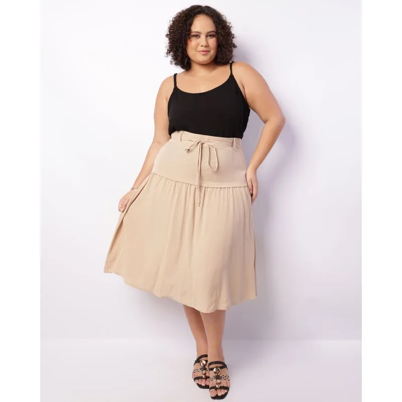 Saia Plus Size Feminina Midi Viscose Recortes Elástico Bege G2