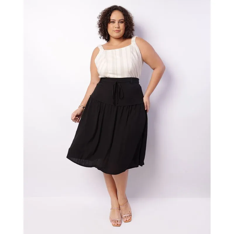 Saia Plus Size Feminina Midi Viscose Recortes Elástico Preta G1