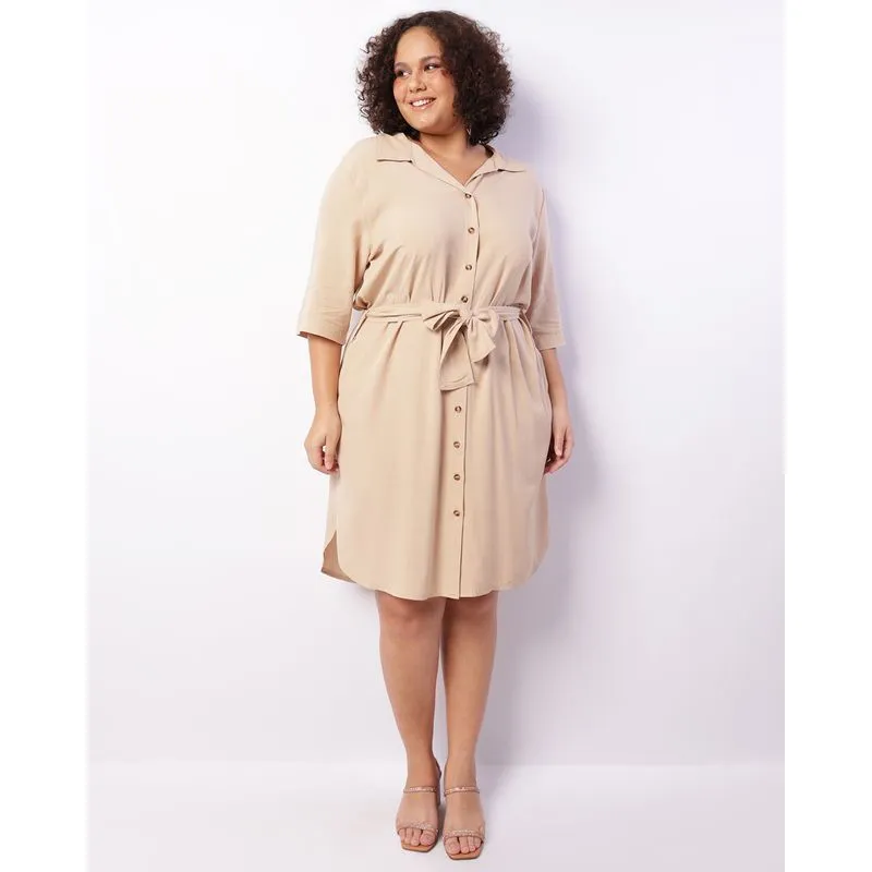 Vestido Chemise Plus Size Feminino Botões Com Faixa De Amarração Bege G3