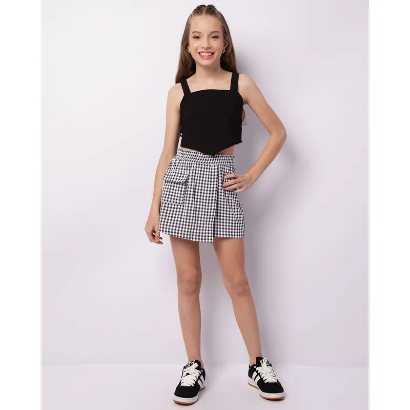 Short Saia Juvenil Curto Bolso Cargo Estampado Xadrez Preto 14