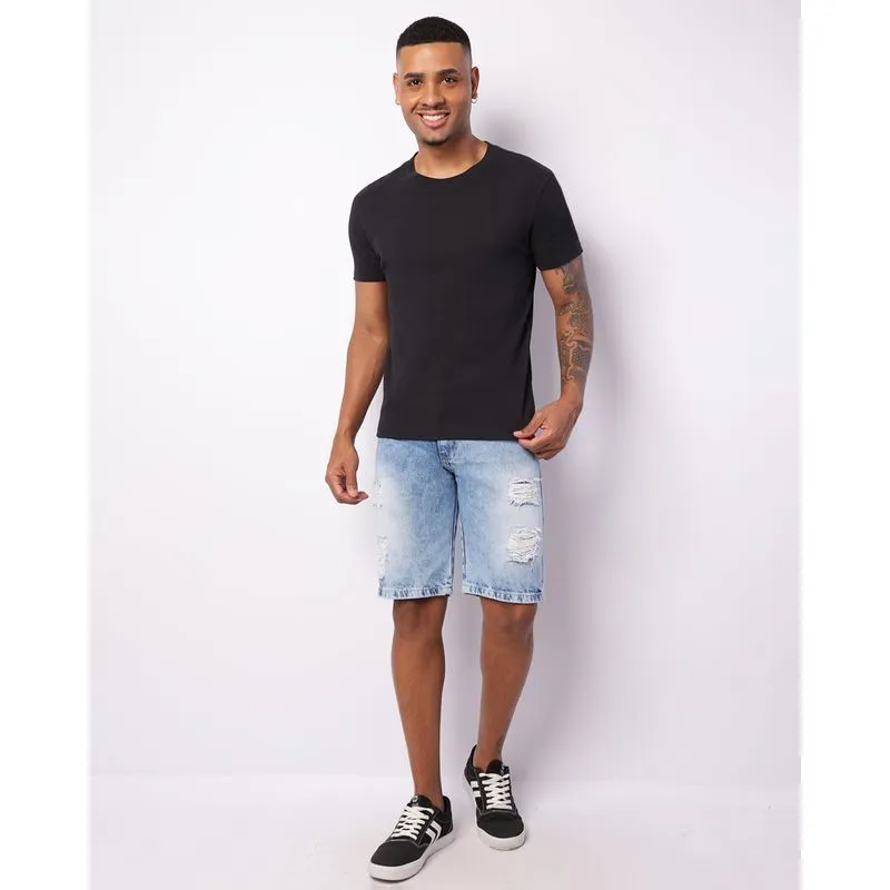 Bermuda Jeans Masculina Reta Destroyed Estonada Azul 42