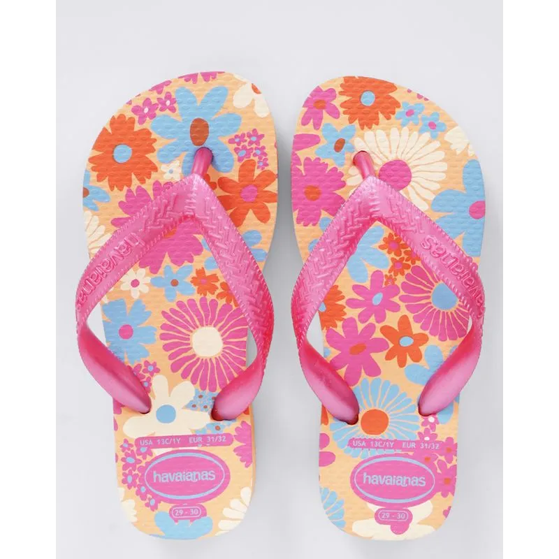 Chinelo Havaianas Infantil Tiras Metálicas Com Estampa Floral Laranja 27/28