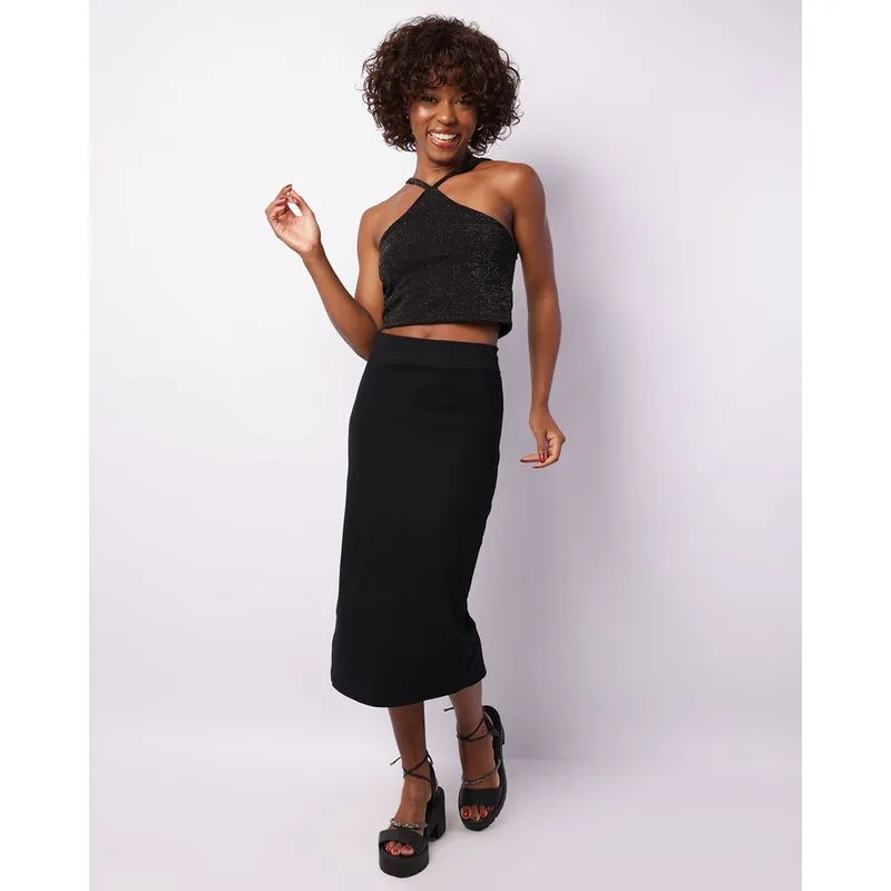 Saia Feminina Midi Canelada Com Fenda Preta GG