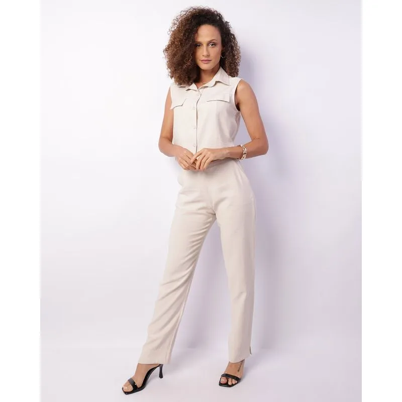 Calça Feminina Viscose Reta Com Zíper Bege GG