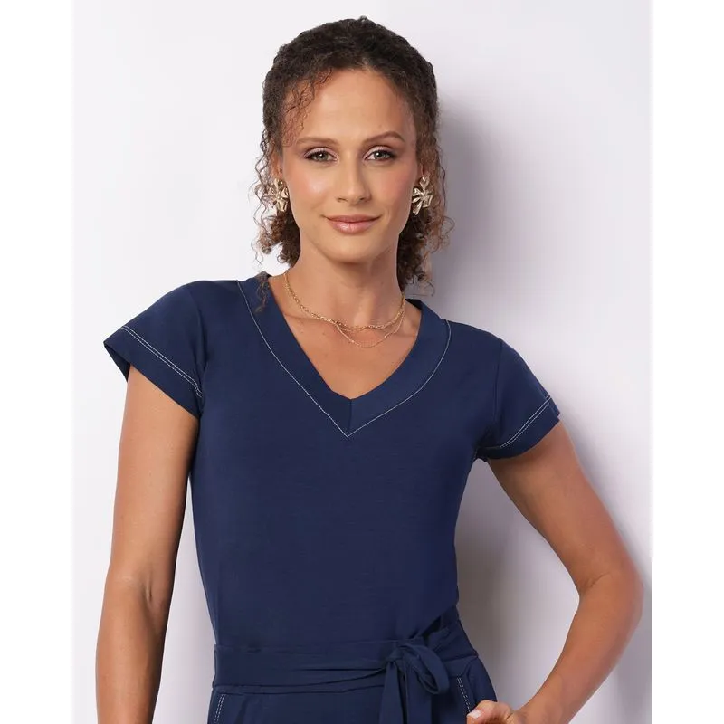 Blusa Feminina Manga Curta Viscose Pespontada Marinho P