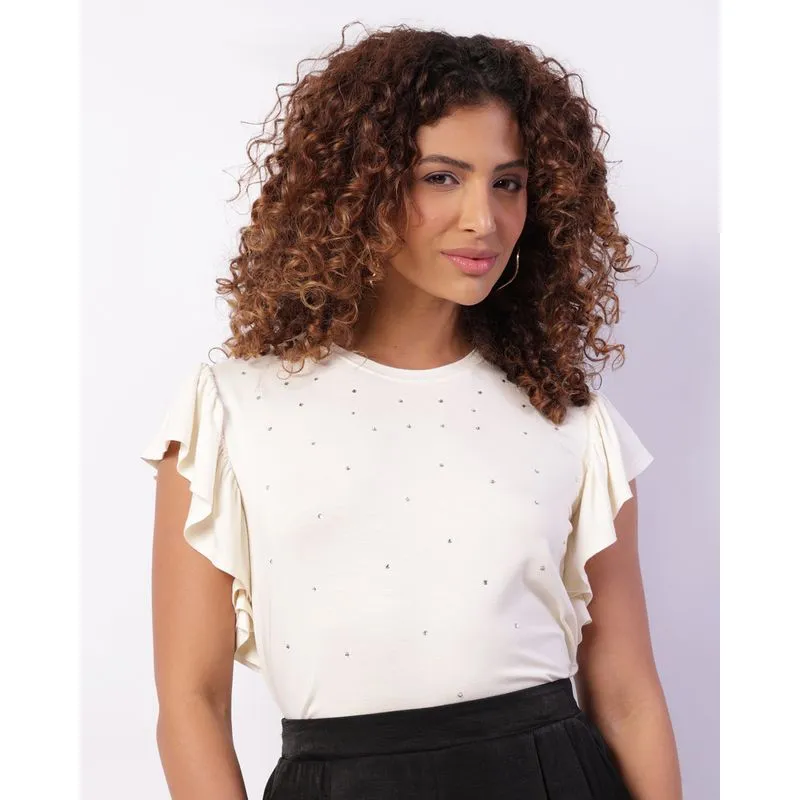 Blusa Feminina Manga Curta Babados Aplicação De Strass Off White G