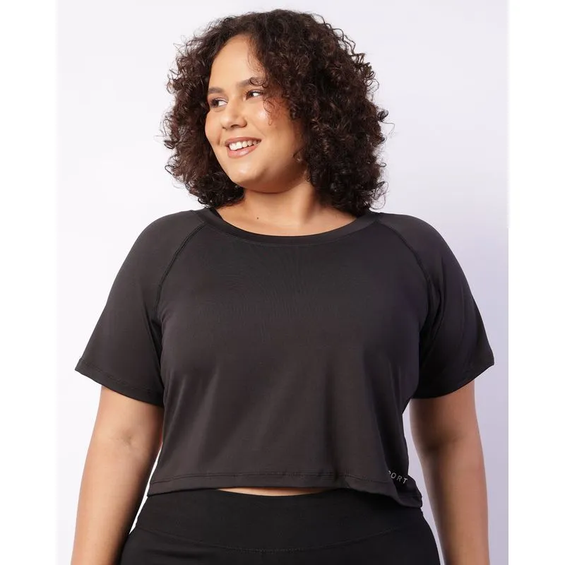 Blusa Fitness Plus Size Feminina Cropped Manga Curta Preta G1