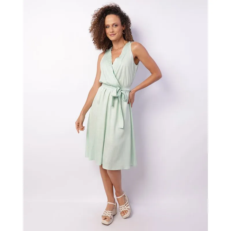 Vestido Feminino Midi Decore Sobreposto Faixa Para Amarração Verde M