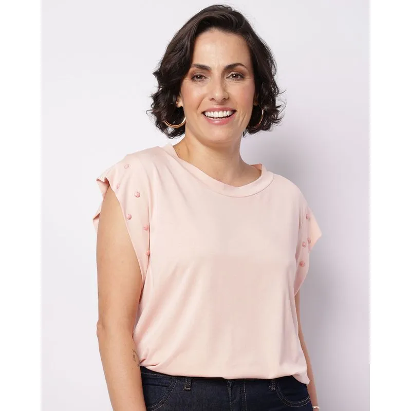 Blusa Feminina Manga Curta Botões Decorativos Rosa G