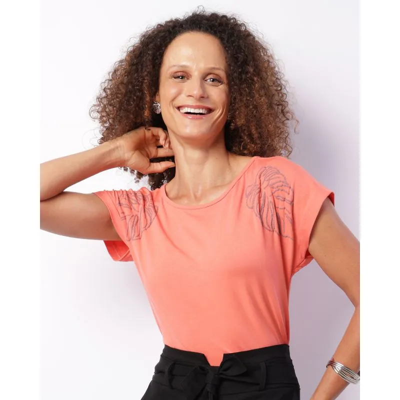 Blusa Feminina Manga Curta Viscose Estampa Texturizada Laranja G