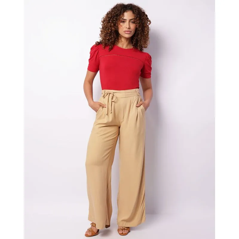 Calça Feminina Viscose Pantalona Com Cordão Bege M
