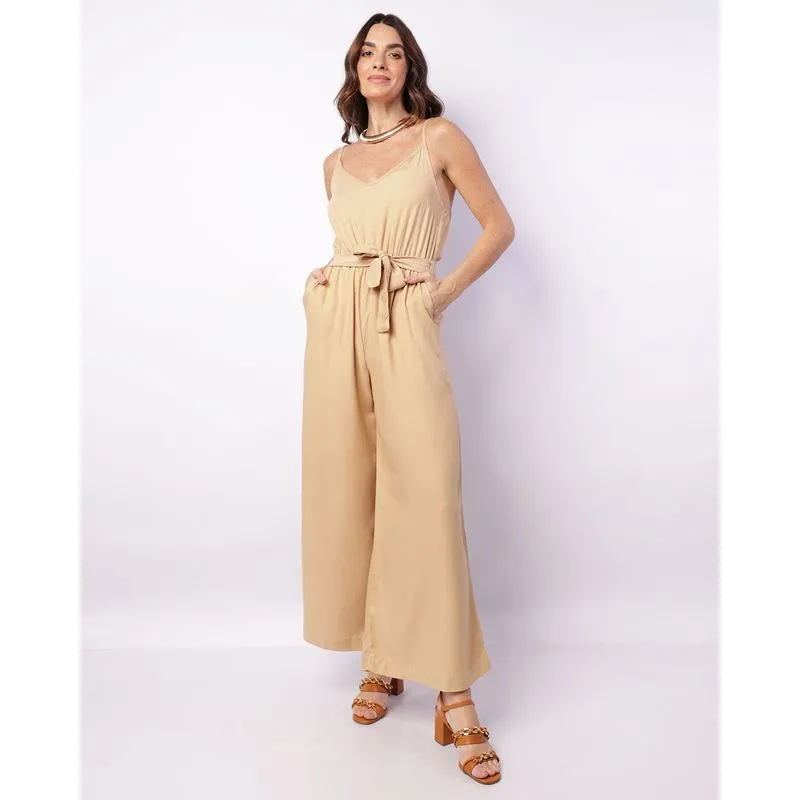 Macacão Feminino Alcinha Viscose Com Faixa Para Amarração Bege M
