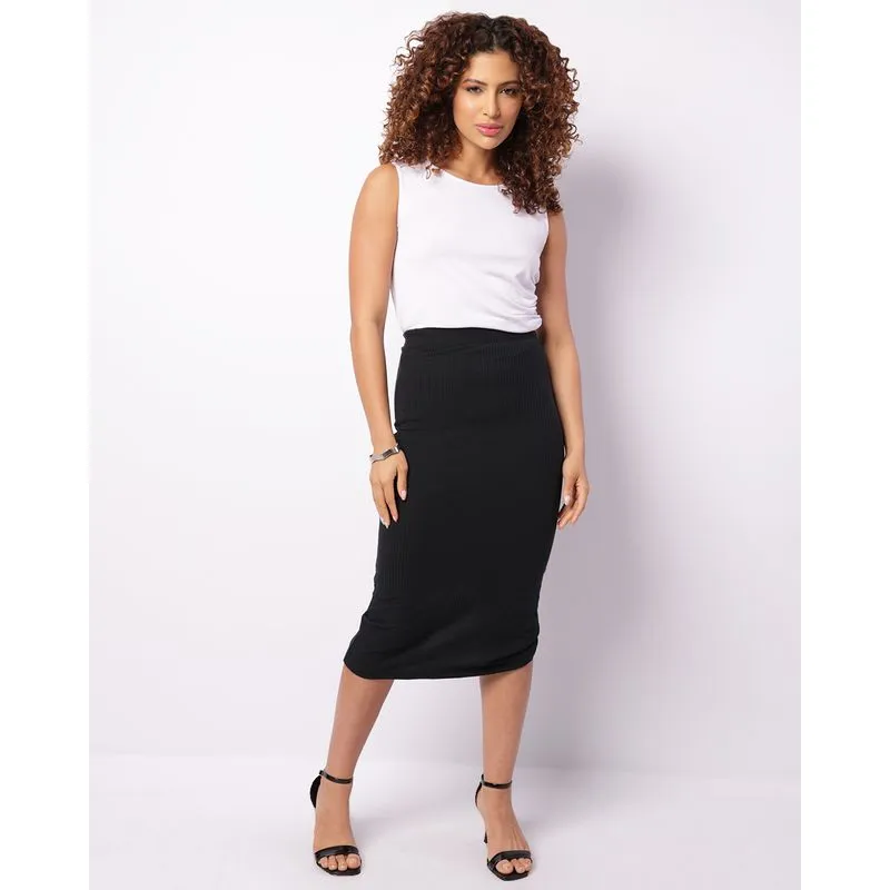 Saia Feminina Midi Canelada Com Fenda Preta M