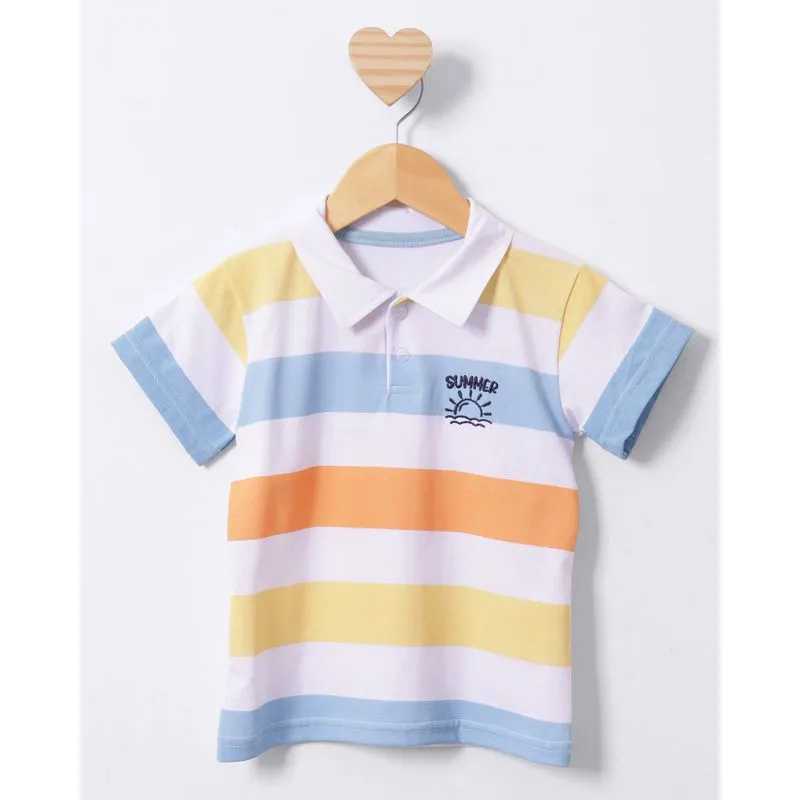 Camisa Polo Bebê Menino Listrada Bordada Branca 2