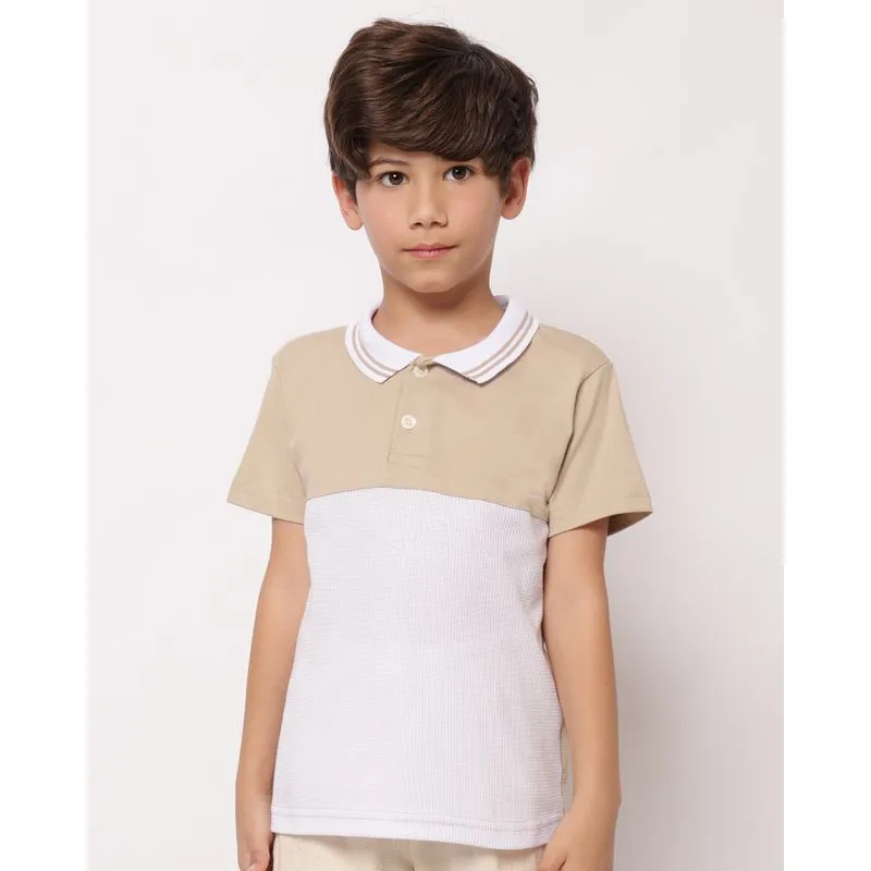 Camisa Polo Infantil Algodão Recorte Texturizado Bege 4