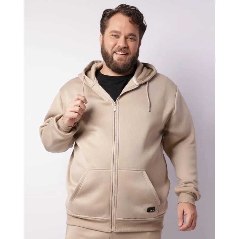 Jaqueta Moletom Plus Size Masculino Com Capuz Bege G2