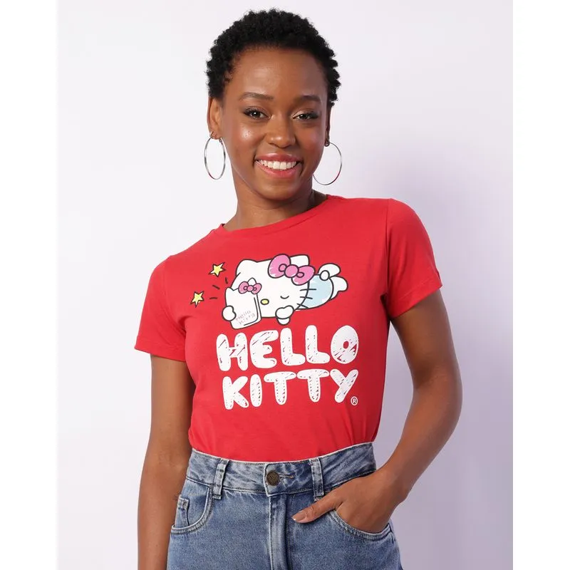 Camiseta Feminina Manga Curta Sanrio Hello Kitty Vermelha M