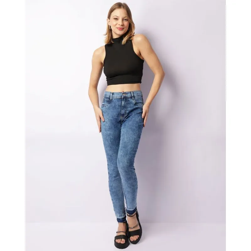 Calça Jeans Feminina Cigarrete Barra Desfiada Marmorizada Azul 38