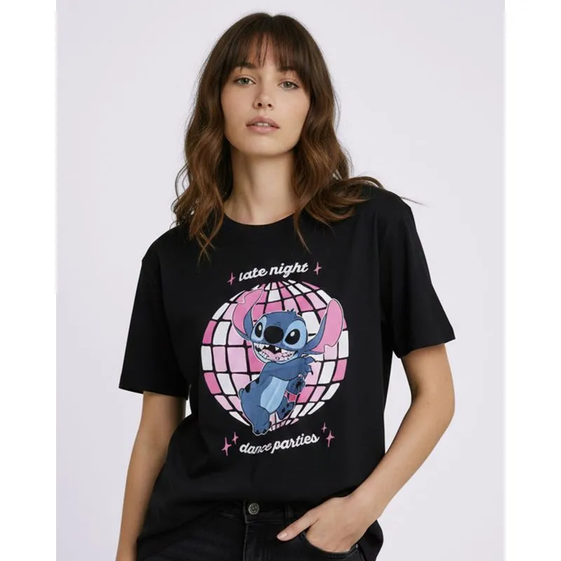 Camiseta Feminina Algodão Estampa Disney Stitch Preta GG
