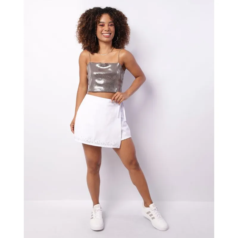 Short Saia Sarja Feminino Amarração Brilho Branca 38